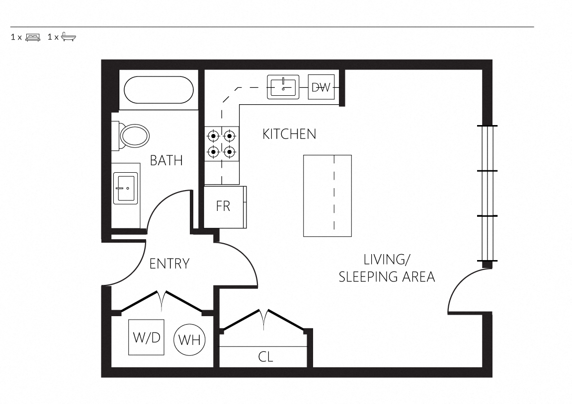 Floor plan for studio, 1 bath, 502 sqft